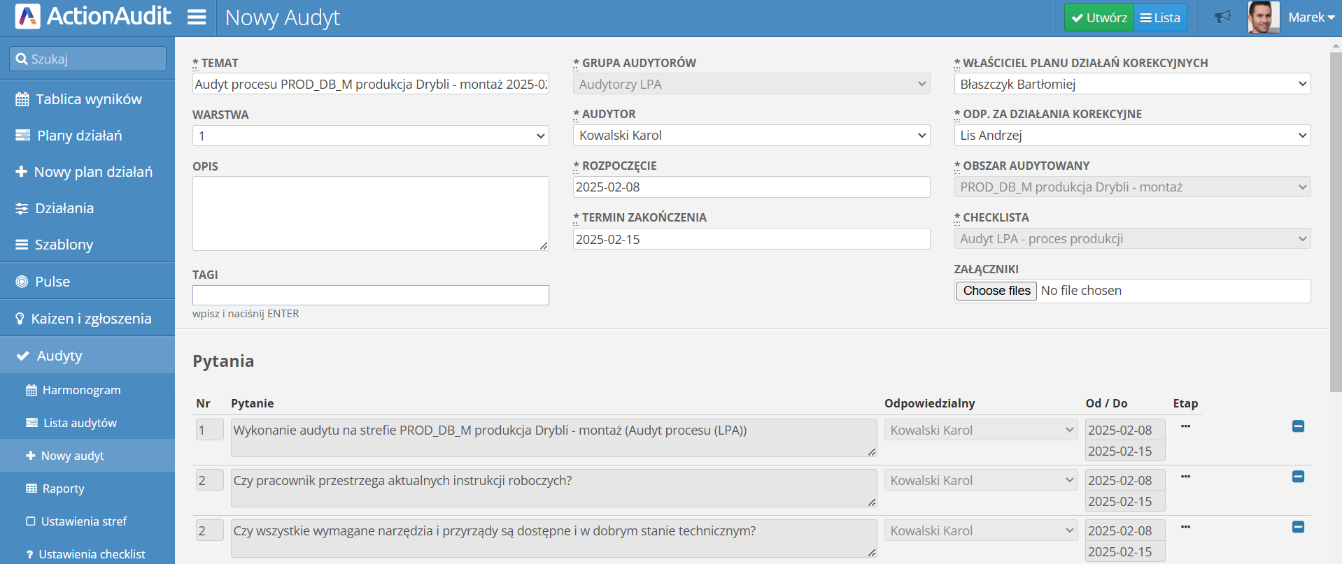 Formularz nowego audytu