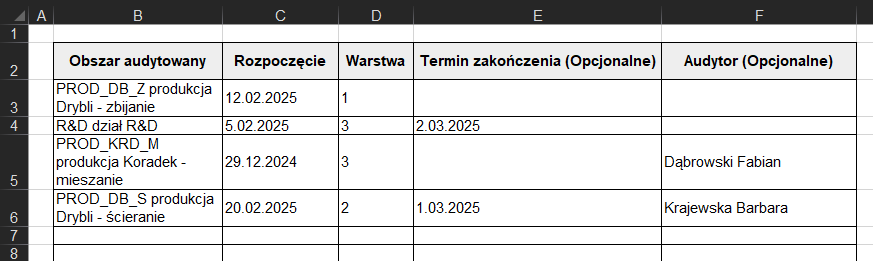 Szablon importu audytów