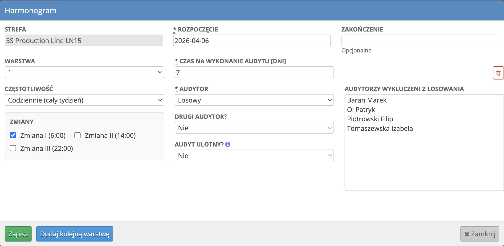 Formularz definiowania harmonogramu