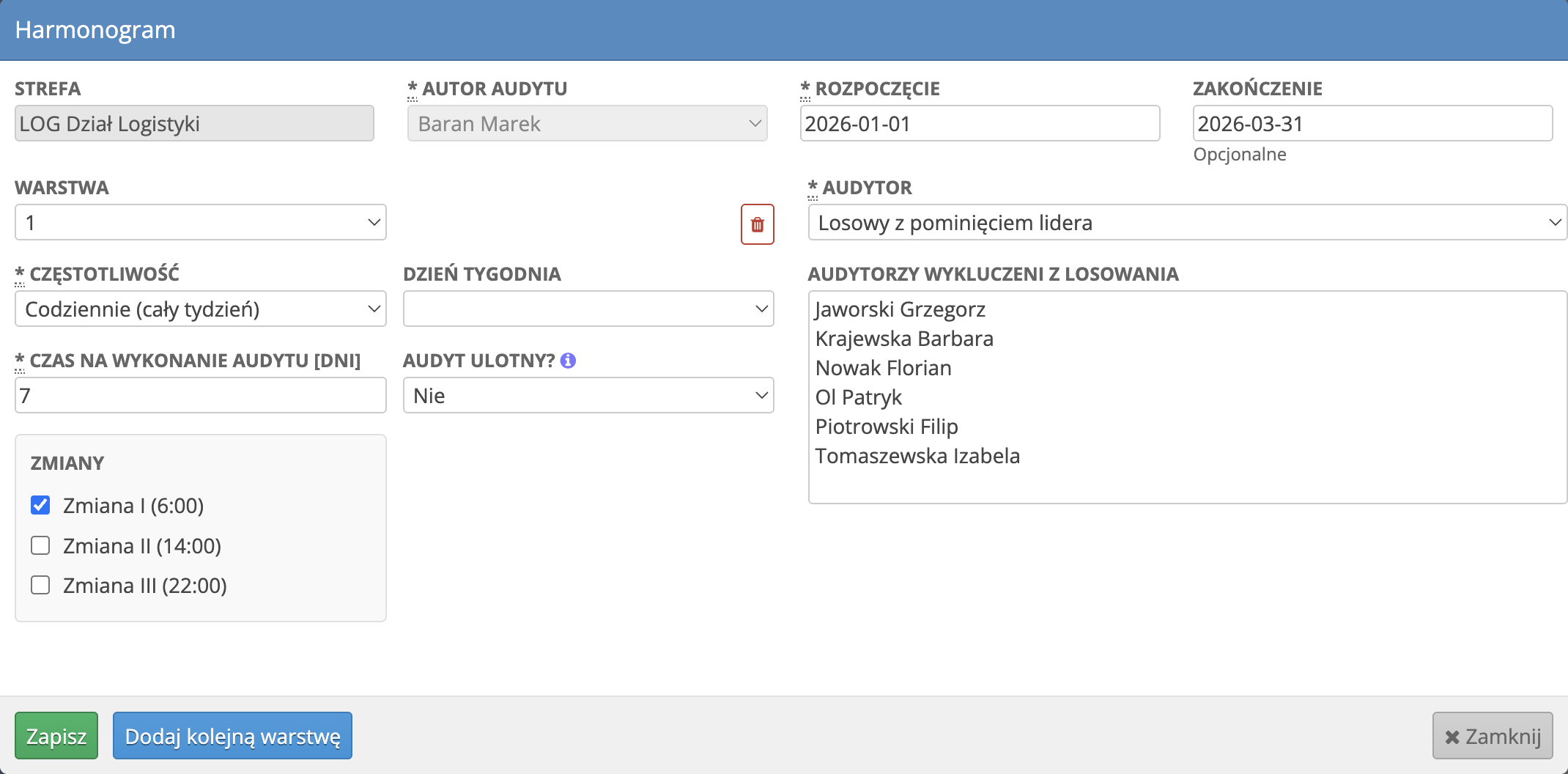 Formularz definiowania harmonogramu