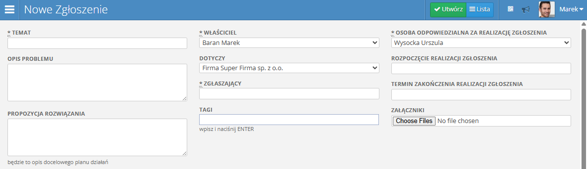 Formularz nowego zgłoszenia