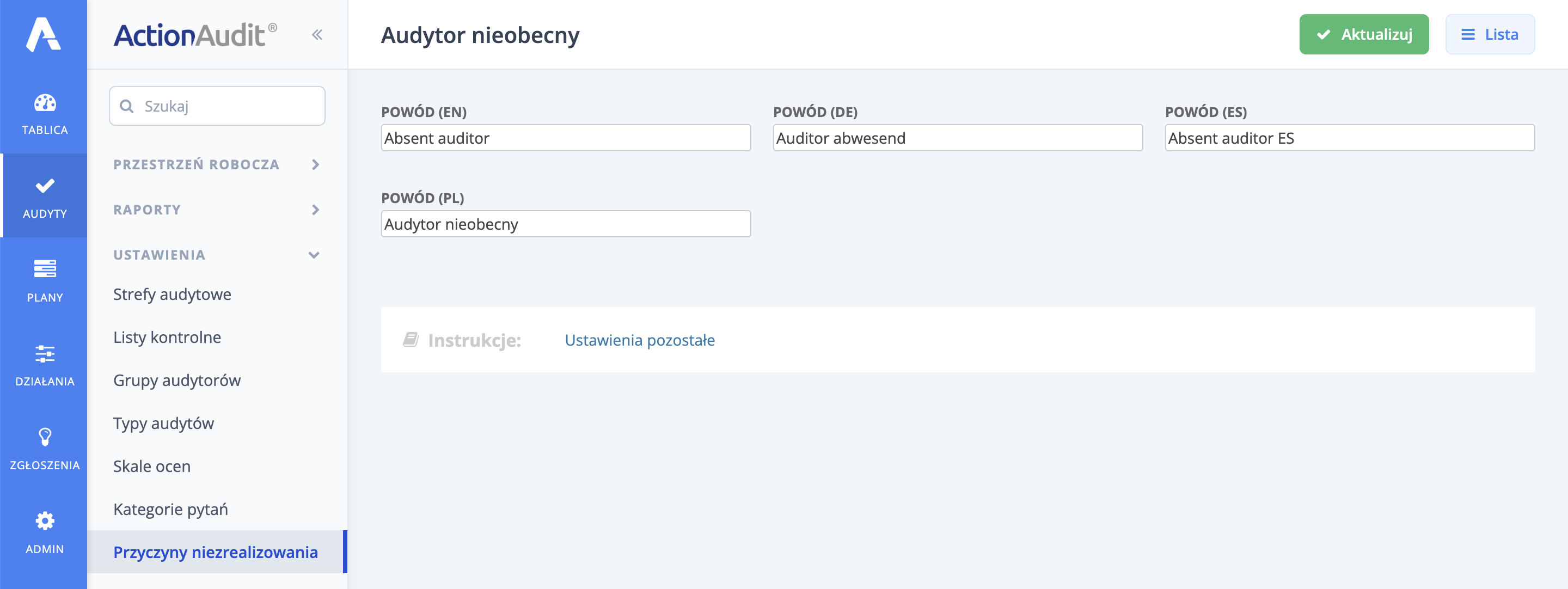Dodanie nowego powodu niezrealizowania