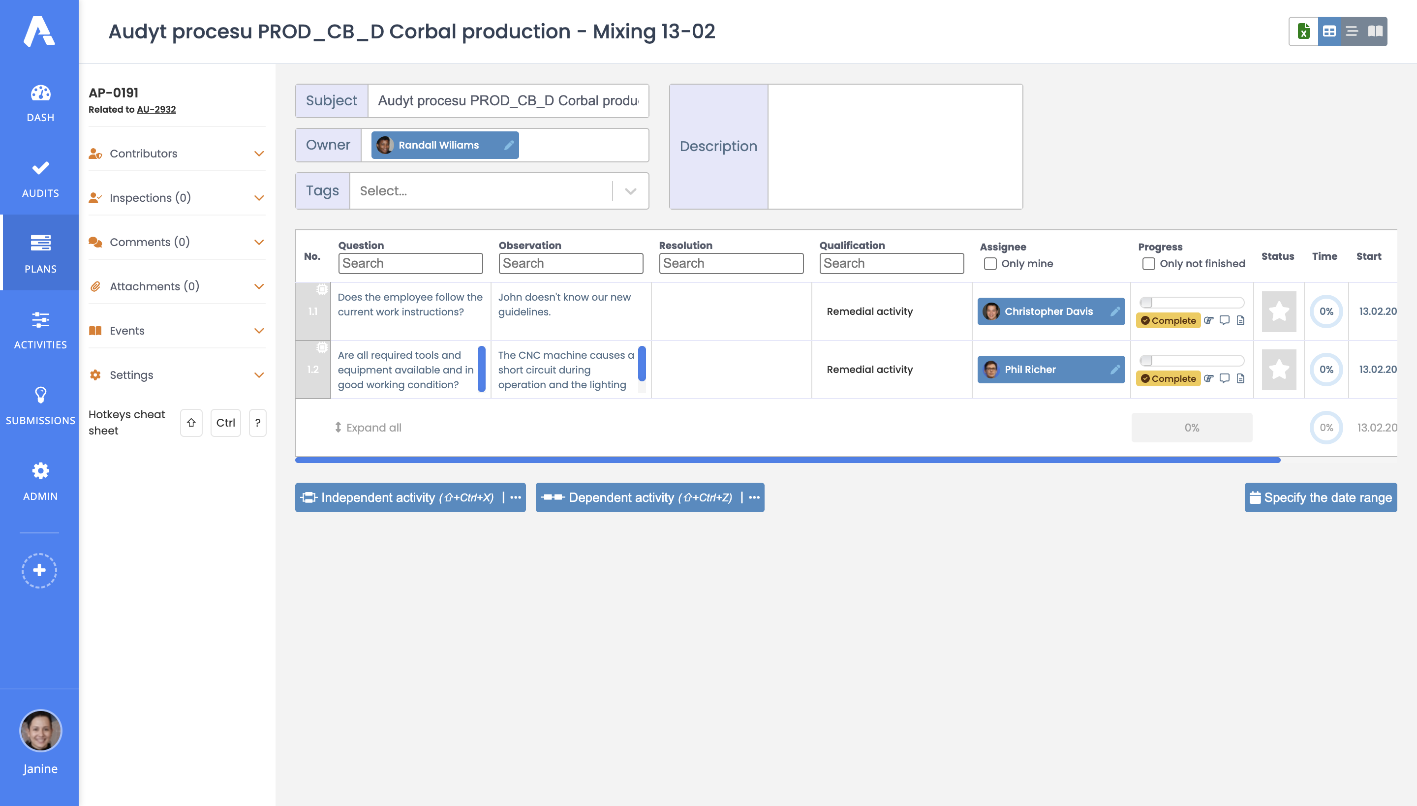 Automatic correction Action Plan