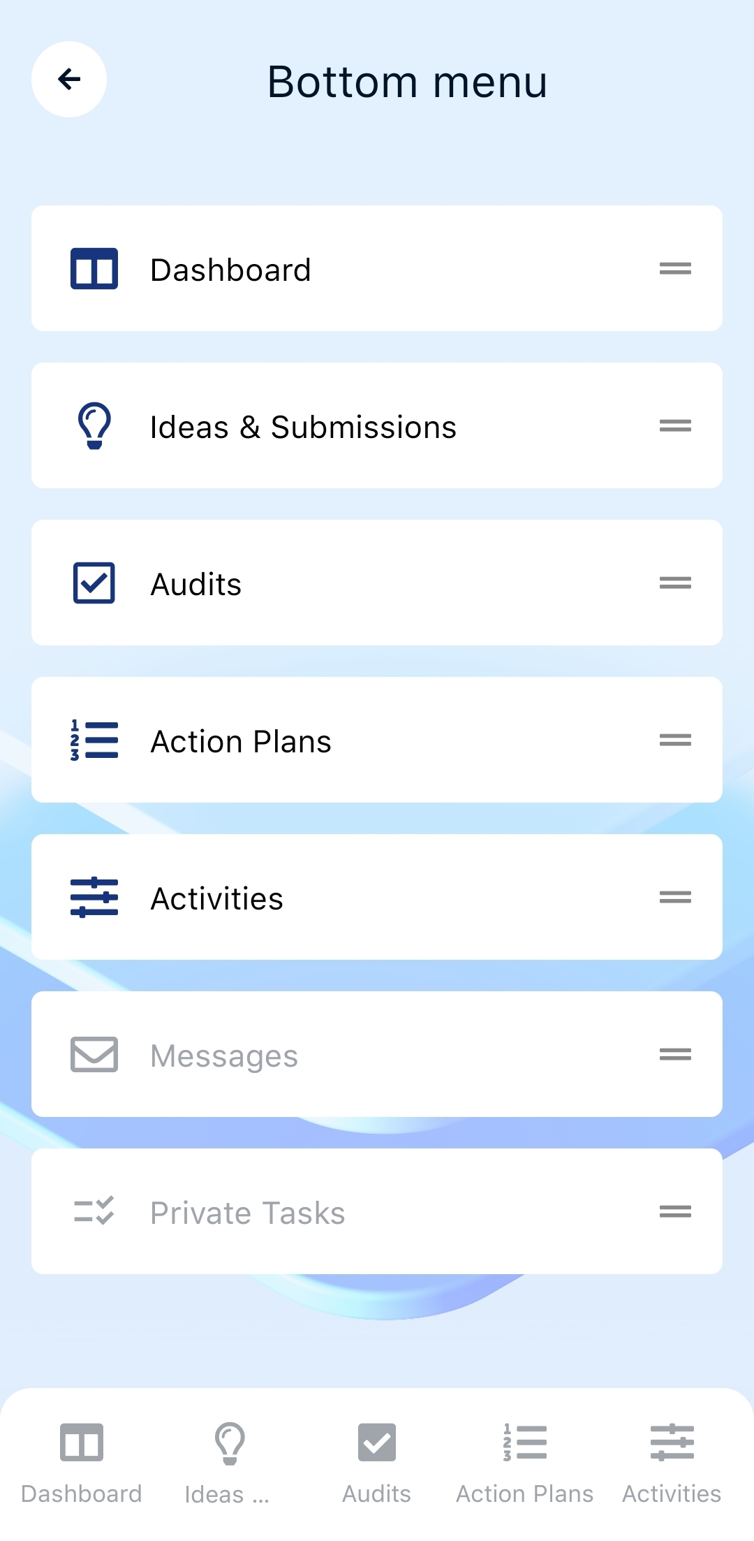 Bottom menu panel settings