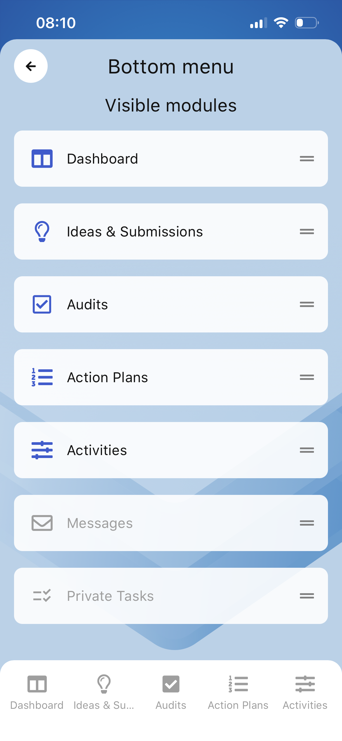 Bottom menu panel settings