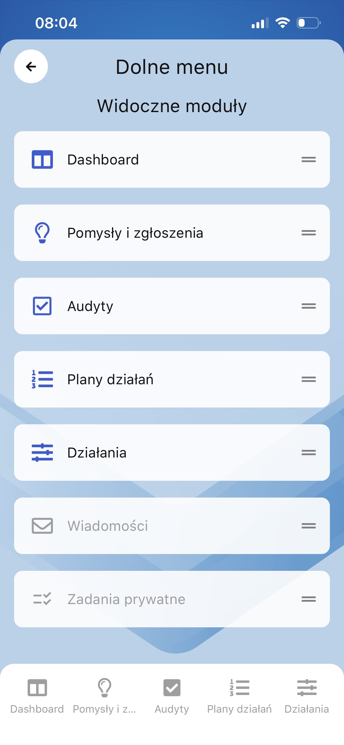 Ustawienia dolnego panelu menu