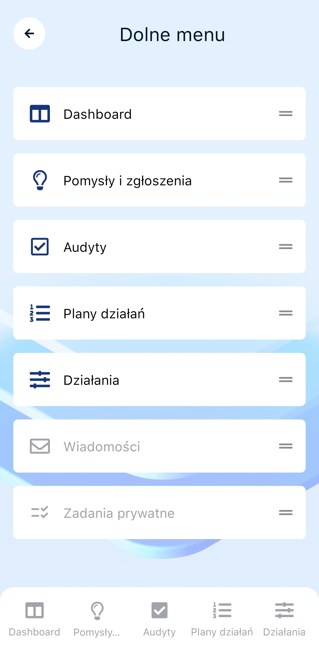 Ustawienia dolnego panelu menu