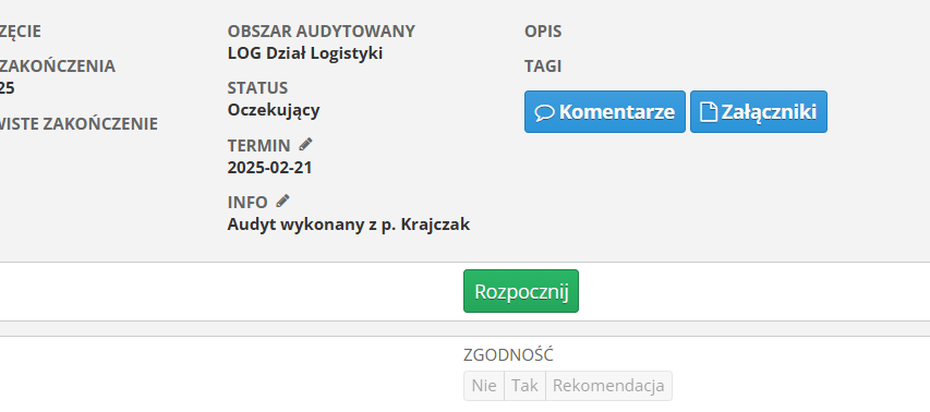 Parametry widoczne w audycie