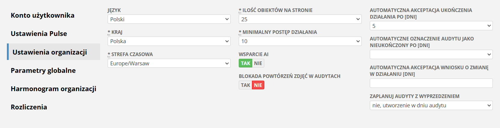 Ustawienia organizacji