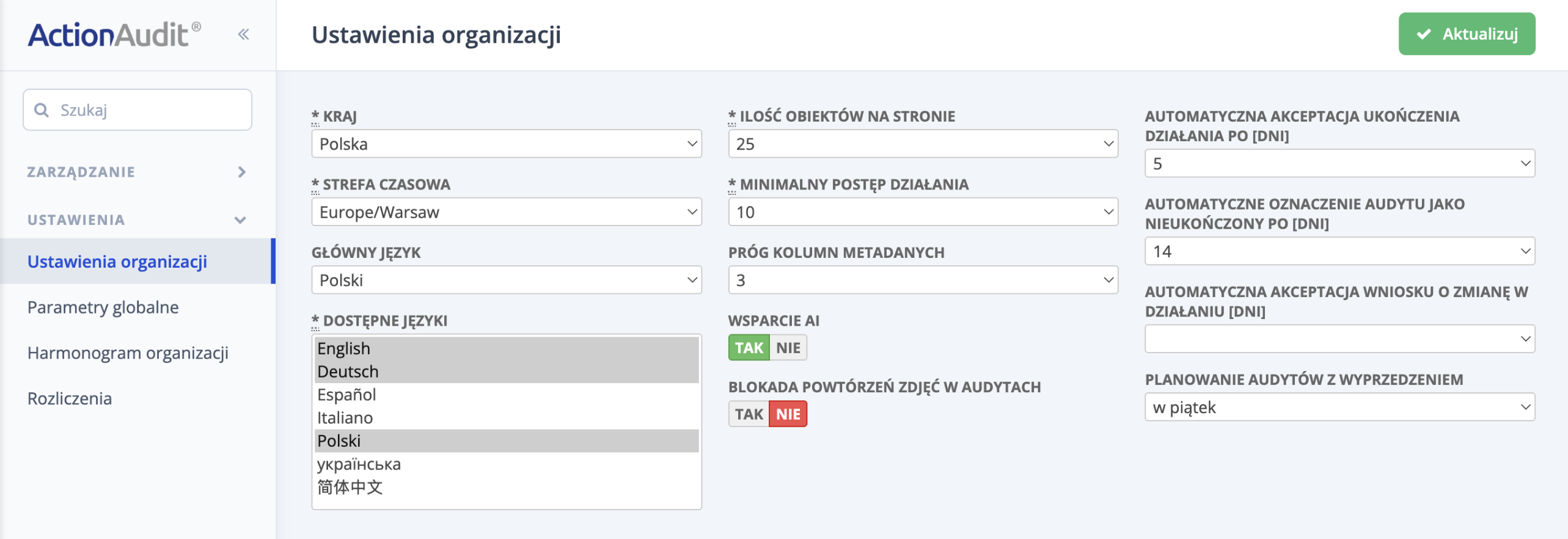 Ustawienia organizacji