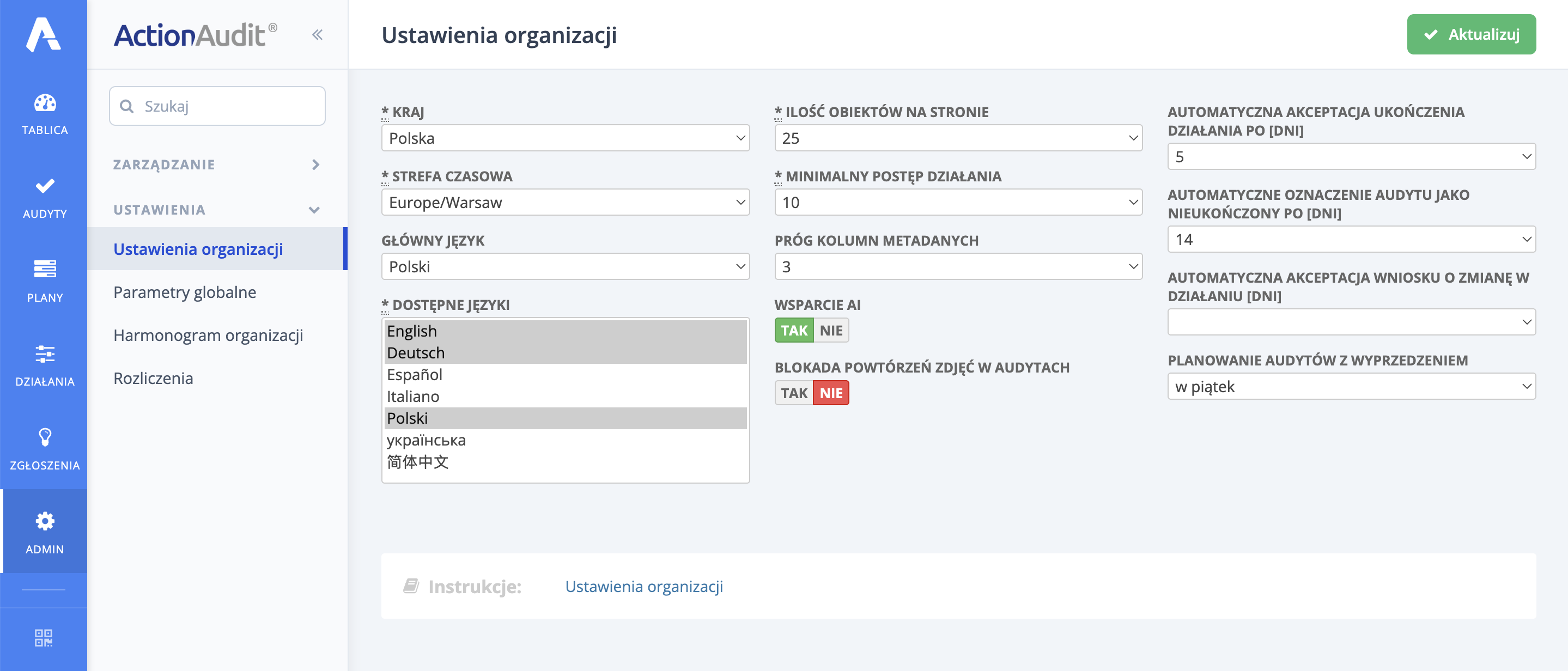 Widok panelu Ustawień