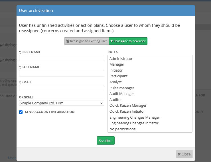User archiving form
