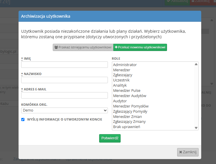 Formularz archiwizacji użytkownika