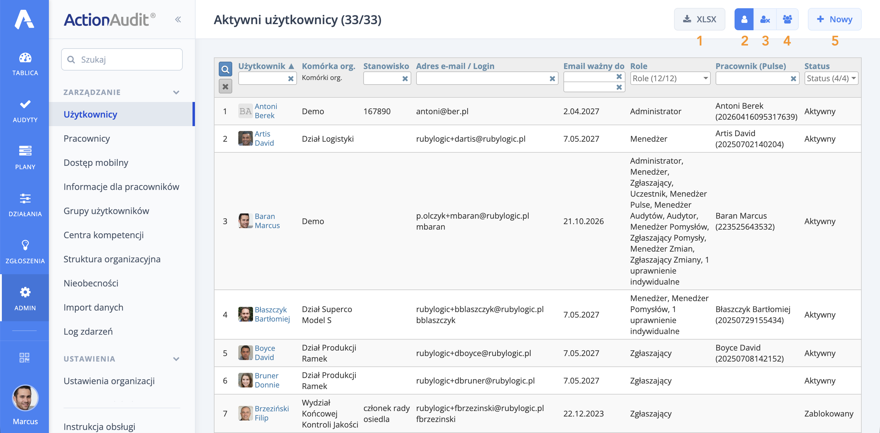 Panel widoku użytkowników
